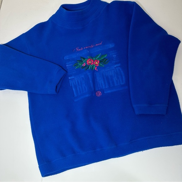 Vtg 80s Limited Fleece Pullover Blue Embroidered Floral Stamped Logo - Picture 1 of 7
